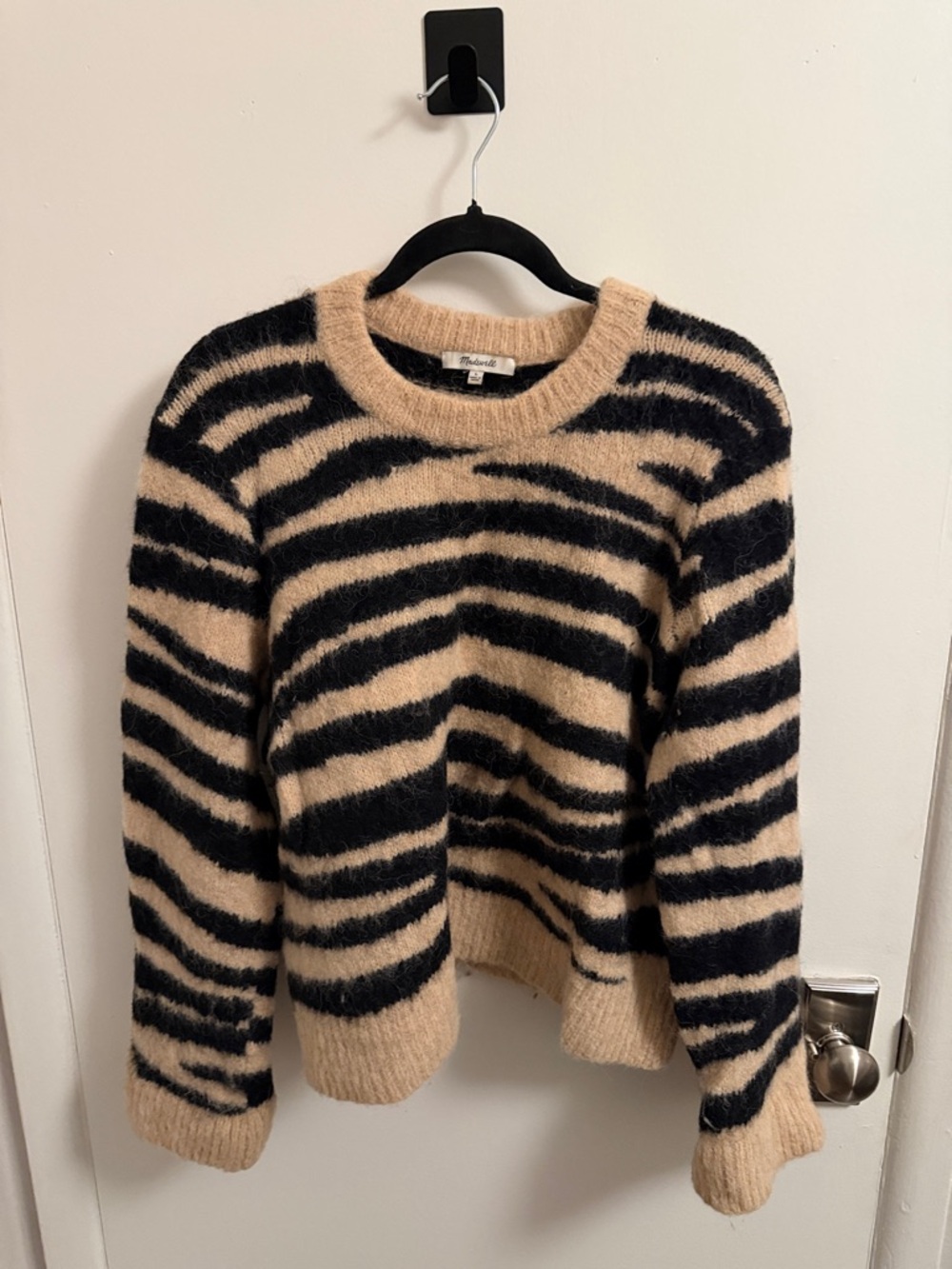 Madewell Black and Cream Zebra-Striped Crewneck Sweater